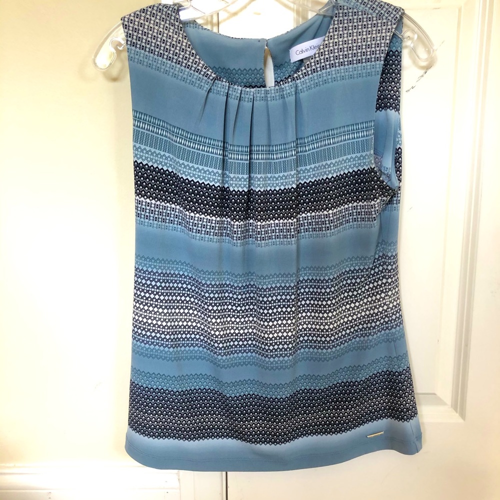 Calvin Klein Pleat Neck Print Work Blouse Tank Top